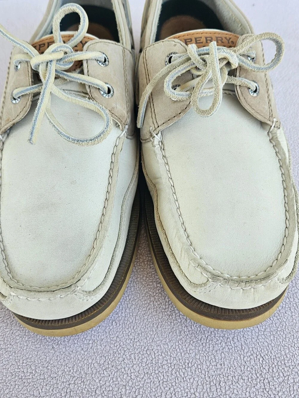 Sperry Mako 2-Eye Boat Shoes Loafer Men SZ 12 Beige Cream Suede Leather 0768101